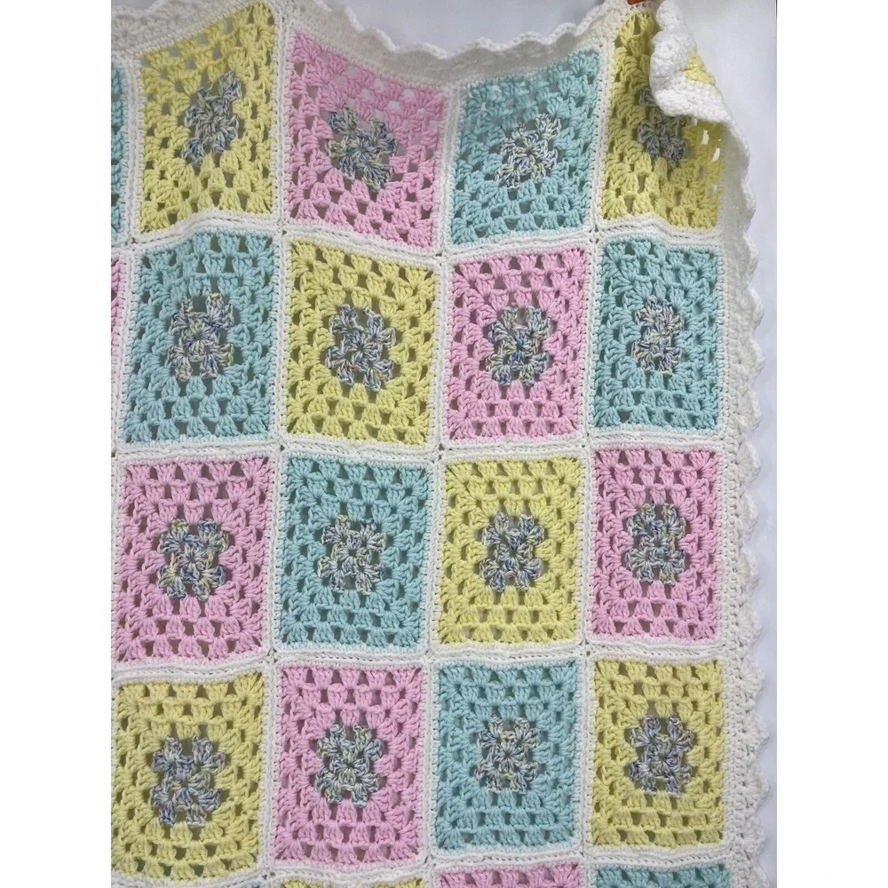 Vintage Pastel Afghan Granny Square Crocheted Baby Blanket Handmade 59 x 46